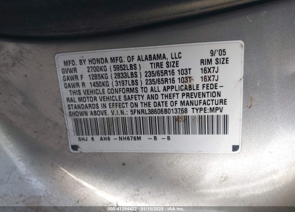 2006 HONDA ODYSSEY EX-L VIN: 5FNRL38606B013768