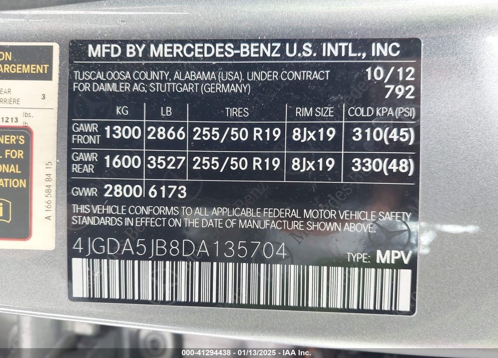 2013 MERCEDES-BENZ ML 350 VIN: 4JGDA5JB8DA135704