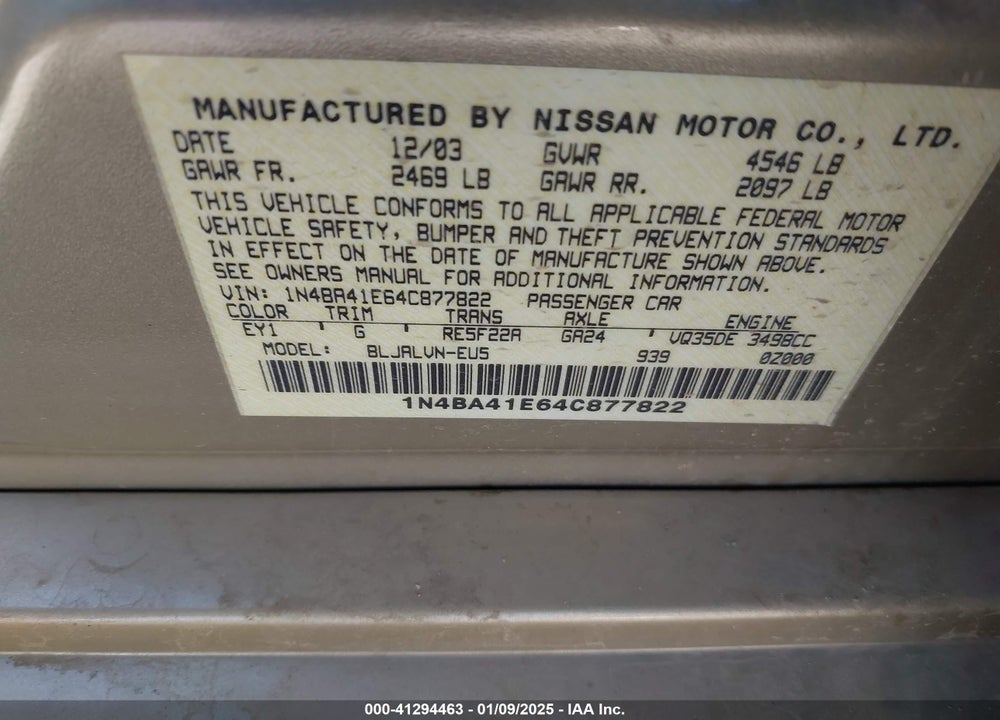 2004 NISSAN MAXIMA 3.5 SE VIN: 1N4BA41E64C877822