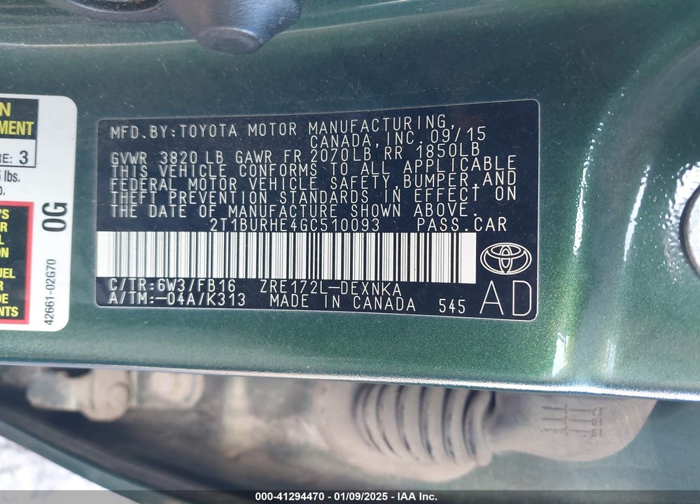 2016 TOYOTA COROLLA VIN: 2T1BURHE4GC510093
