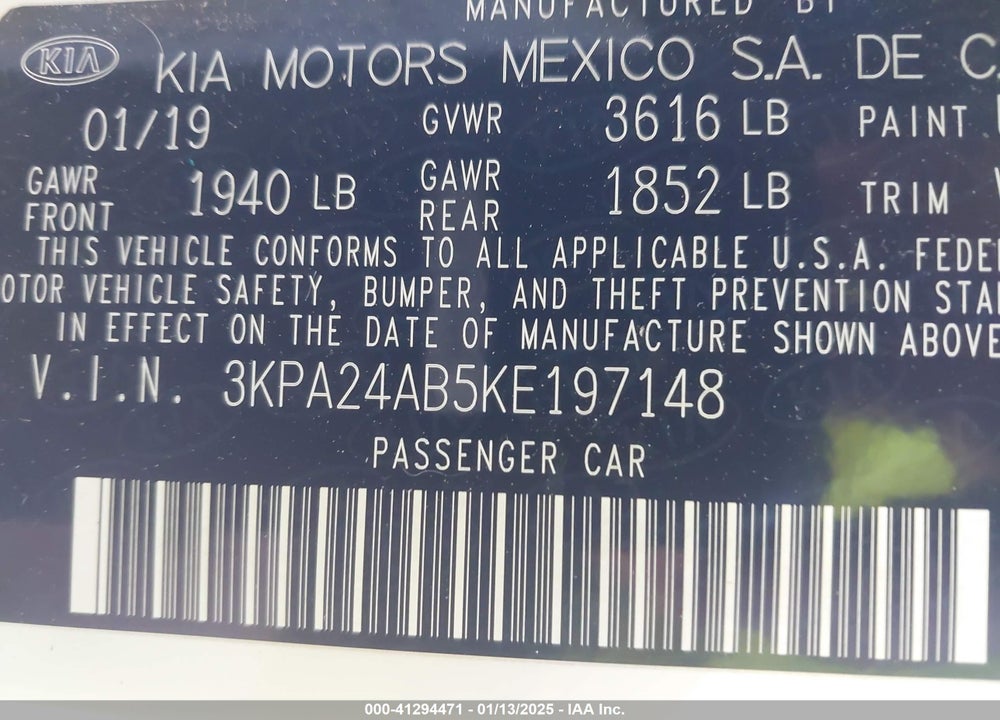 2019 KIA RIO VIN: 3KPA24AB5KE197148