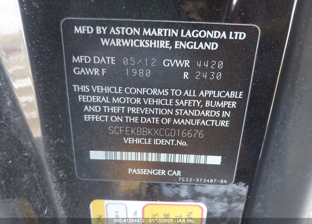 2012 ASTON MARTIN V8 VANTAGE VIN: SCFEKBBKXCGD16676