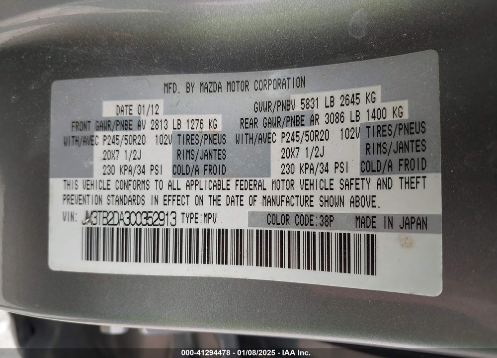 2012 MAZDA CX-9 GRAND TOURING VIN: JM3TB2DA3C0352913