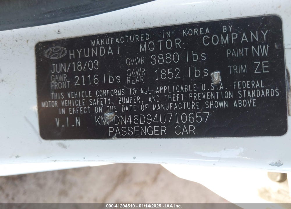 2004 HYUNDAI ELANTRA GLS/GT VIN: KMHDN46D94U710657