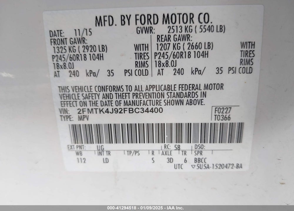 2015 FORD EDGE SEL VIN: 2FMTK4J92FBC34400