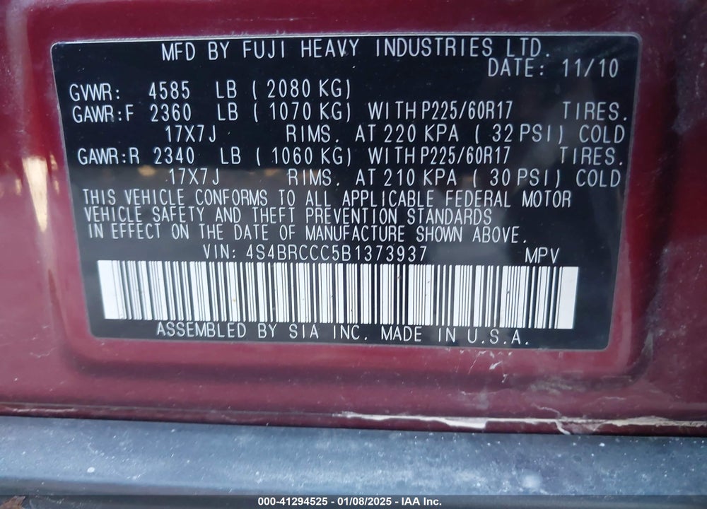 2011 SUBARU OUTBACK 2.5I PREMIUM VIN: 4S4BRCCC5B1373937