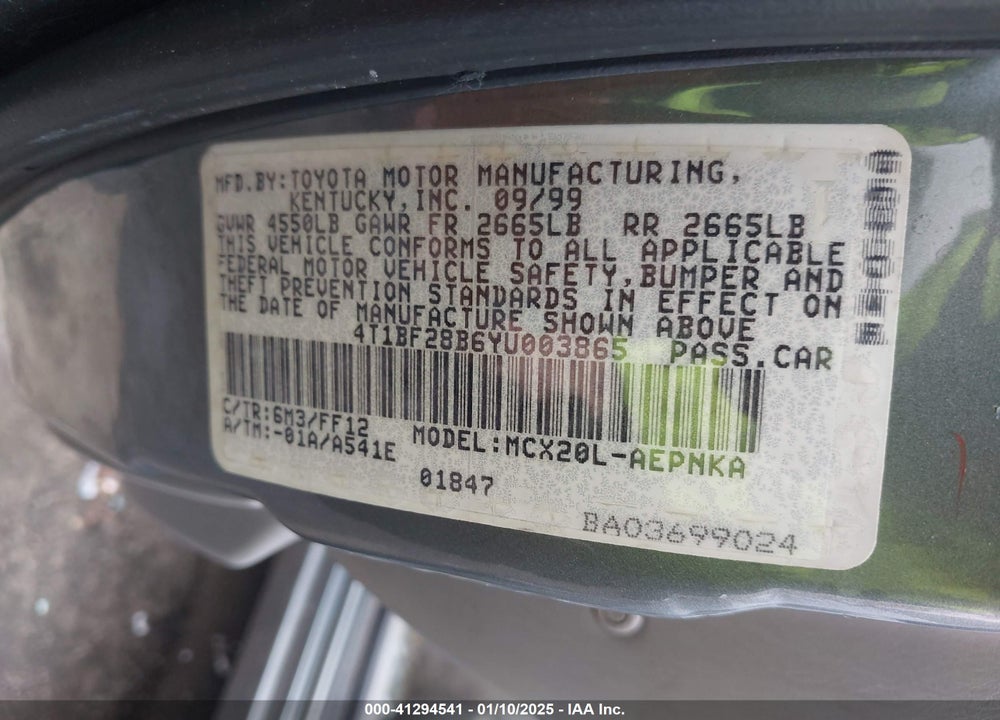 2000 TOYOTA AVALON XL VIN: 4T1BF28B6YU003865
