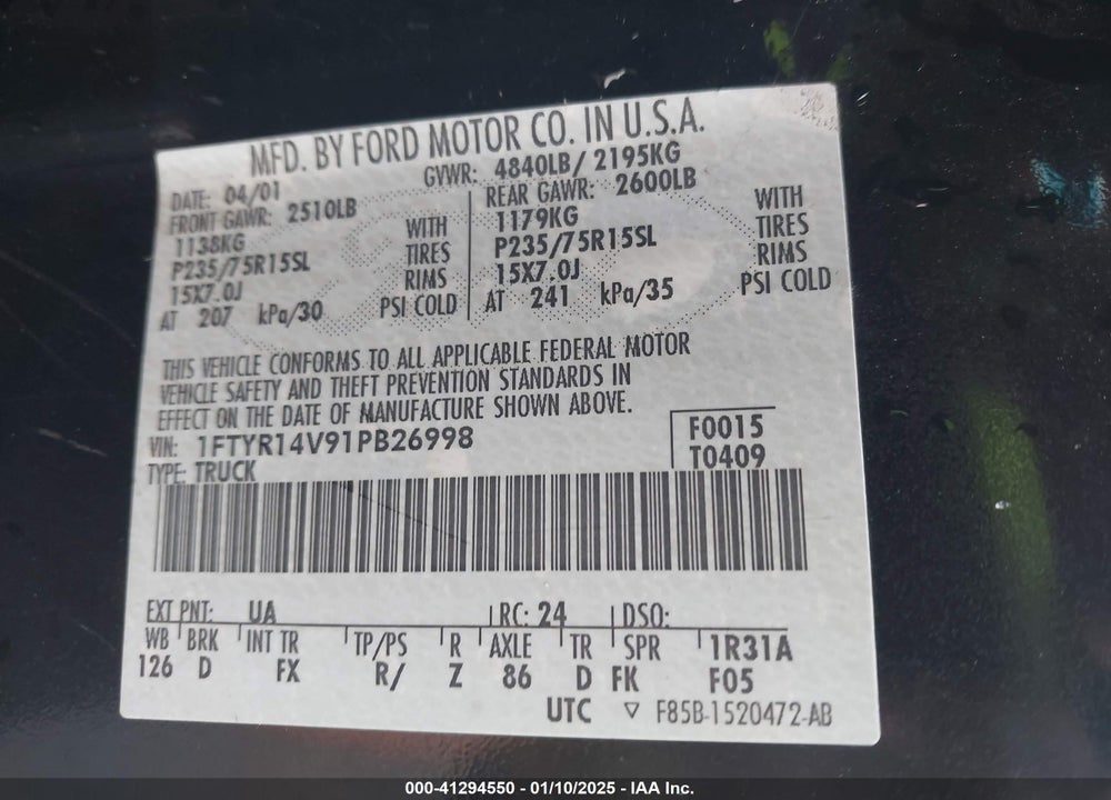2001 FORD RANGER EDGE/XL/XLT VIN: 1FTYR14V91PB26998