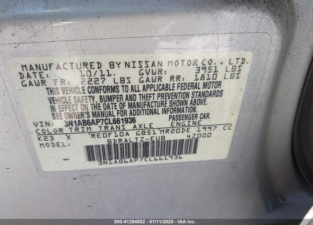 2012 NISSAN SENTRA 2.0 SR VIN: 3N1AB6AP7CL661936