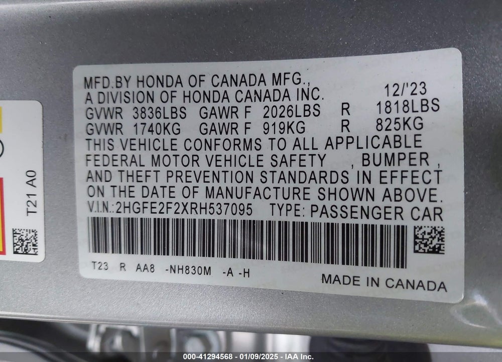 2024 HONDA CIVIC LX VIN: 2HGFE2F2XRH537095