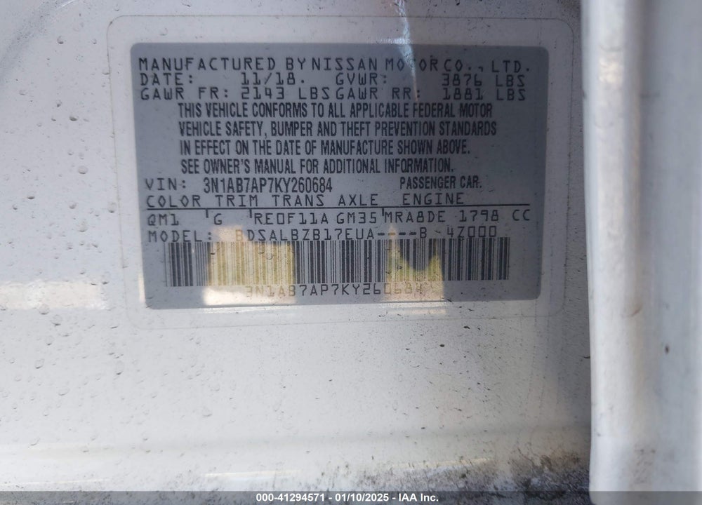 2019 NISSAN SENTRA VIN: 3N1AB7AP7KY260684