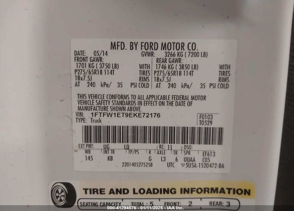 2014 FORD F-150 VIN: 1FTFW1ET9EKE72176
