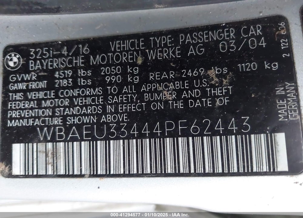 2004 BMW 325XI VIN: WBAEU33444PF62443