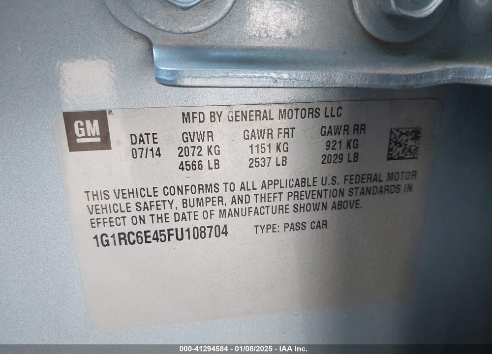 2015 CHEVROLET VOLT VIN: 1G1RC6E45FU108704