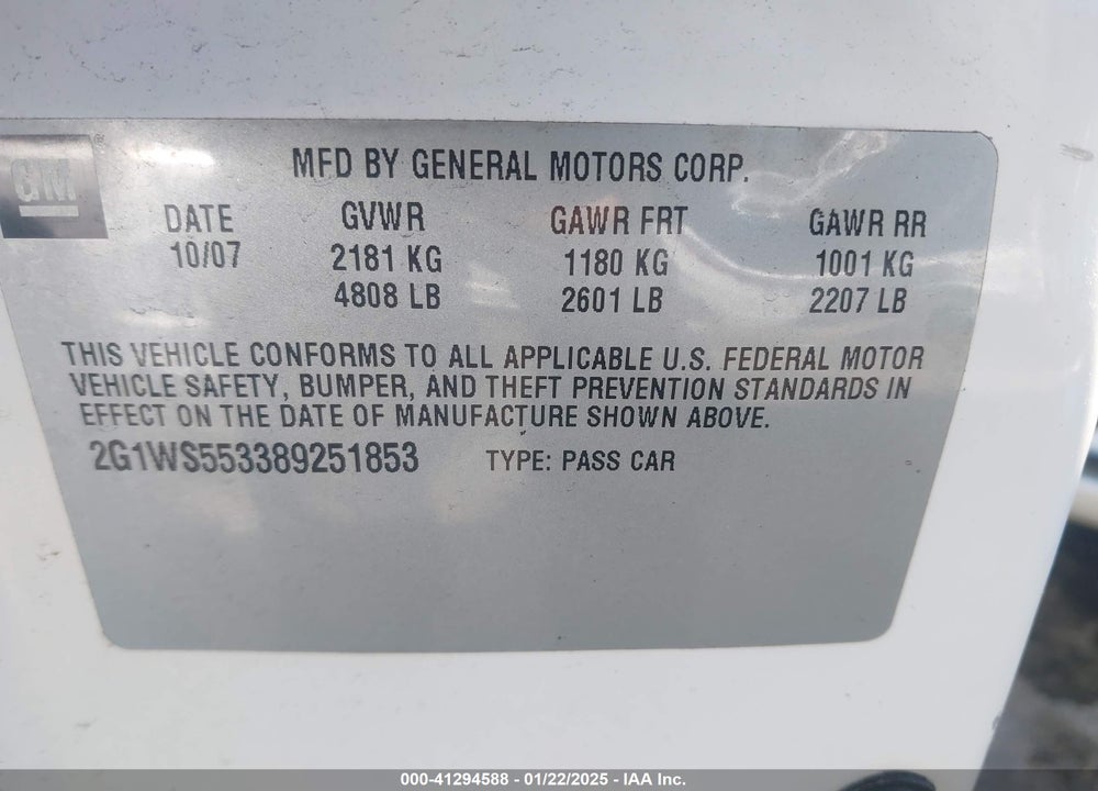 2008 CHEVROLET IMPALA VIN: 2G1WS553389251853