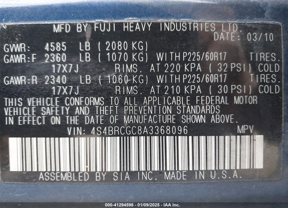 2010 SUBARU OUTBACK 2.5I PREMIUM VIN: 4S4BRCGC8A3368096