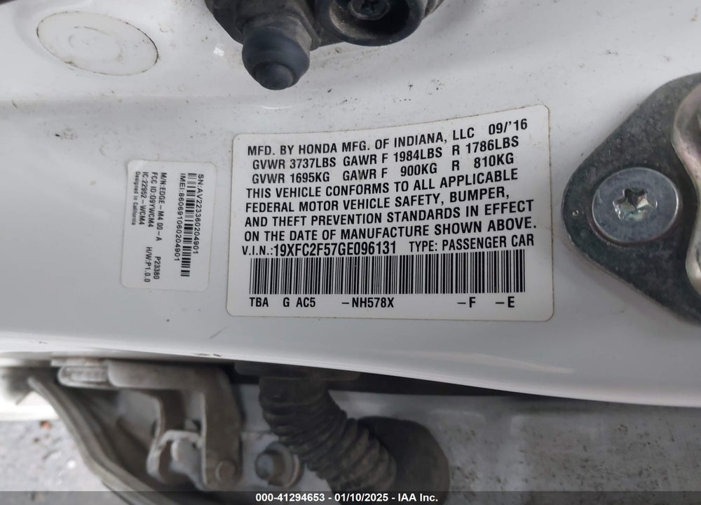 2016 HONDA CIVIC VIN: 19XFC2F57GE096131