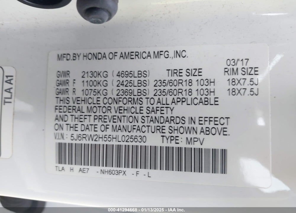 2017 HONDA CR-V EX VIN: 5J6RW2H55HL025630