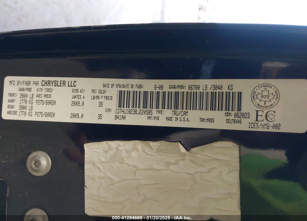 2008 DODGE RAM 1500 VIN: 1D7HU18238J220585