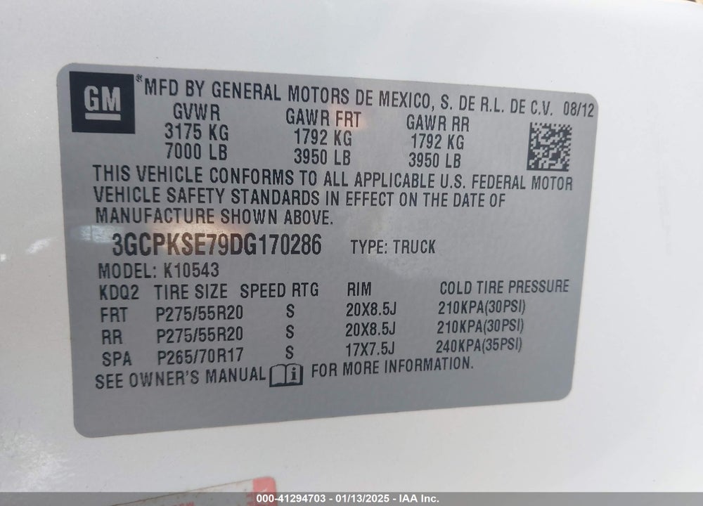 2013 CHEVROLET SILVERADO VIN: 3GCPKSE79DG170286