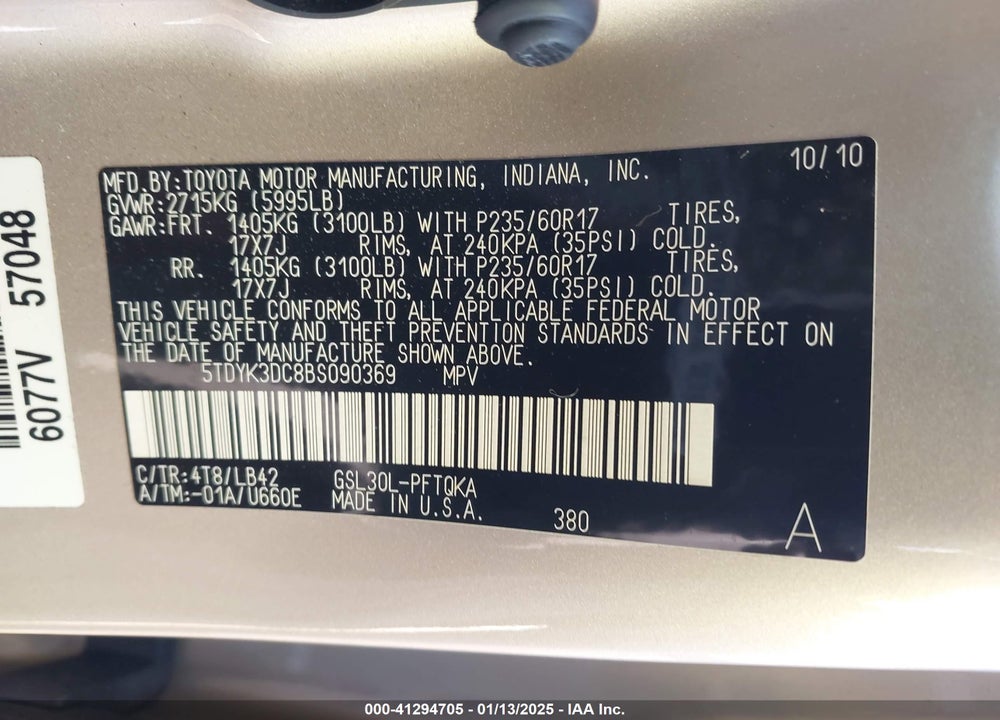 2011 TOYOTA SIENNA XLE V6 AUTO ACCESS SEAT VIN: 5TDYK3DC8BS090369