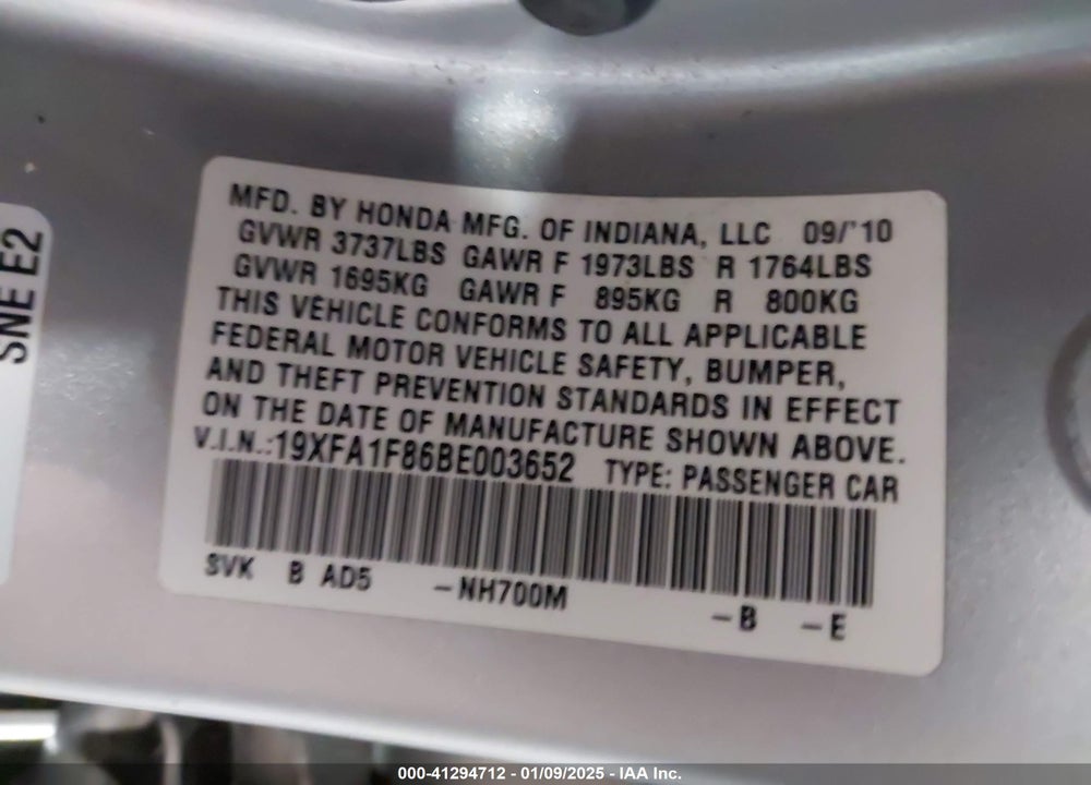 2011 HONDA CIVIC VIN: 19XFA1F86BE003652