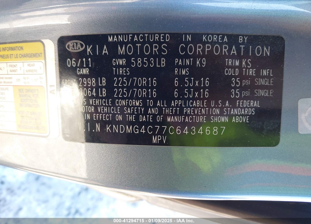2012 KIA SEDONA LX VIN: KNDMG4C77C6434687