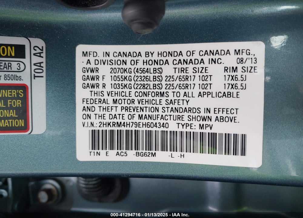 2014 HONDA CR-V EX-L VIN: 2HKRM4H79EH604340