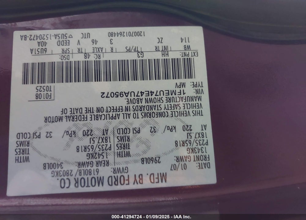 2007 FORD EXPLORER EDDIE BAUER VIN: 1FMEU74E47UA95072