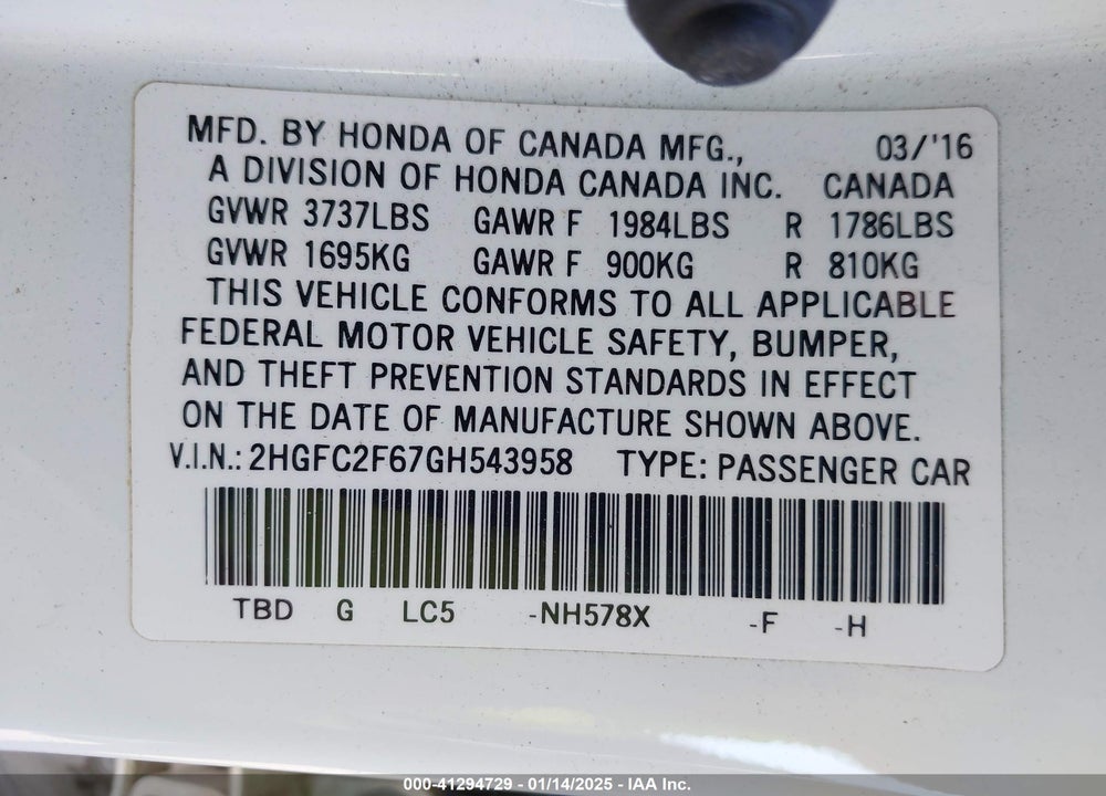 2016 HONDA CIVIC LX VIN: 2HGFC2F67GH543958