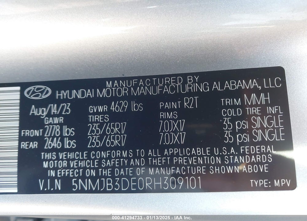 2024 HYUNDAI TUCSON SEL VIN: 5NMJB3DE0RH309101