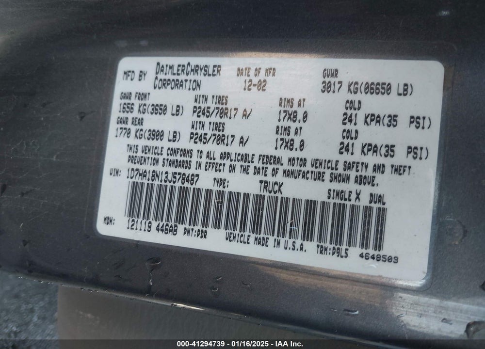 2003 DODGE RAM 1500 SLT/LARAMIE/ST VIN: 1D7HA18N13J578487