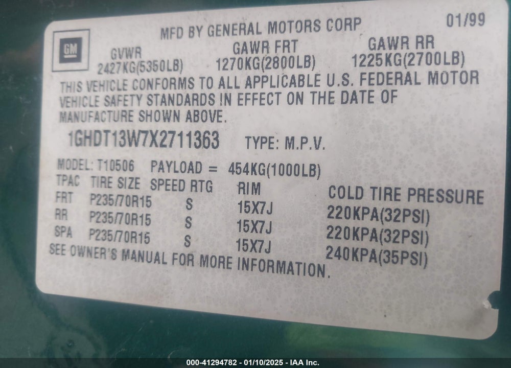1999 OLDSMOBILE BRAVADA VIN: 1GHDT13W7X2711363