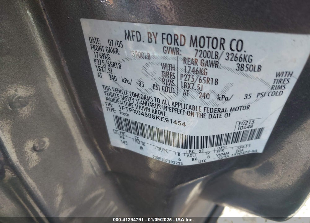2005 FORD F-150 FX4/XLT VIN: 1FTPX04595KE91454