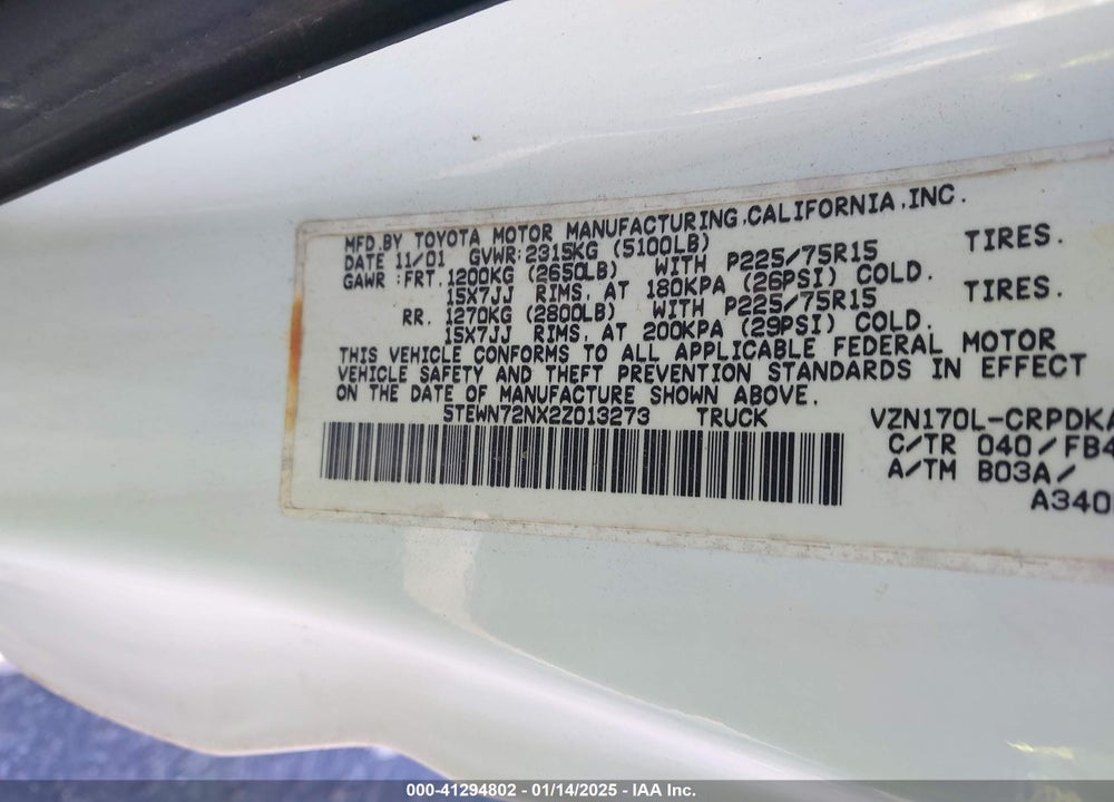 2002 TOYOTA TACOMA BASE V6 VIN: 5TEWN72NX2Z013273