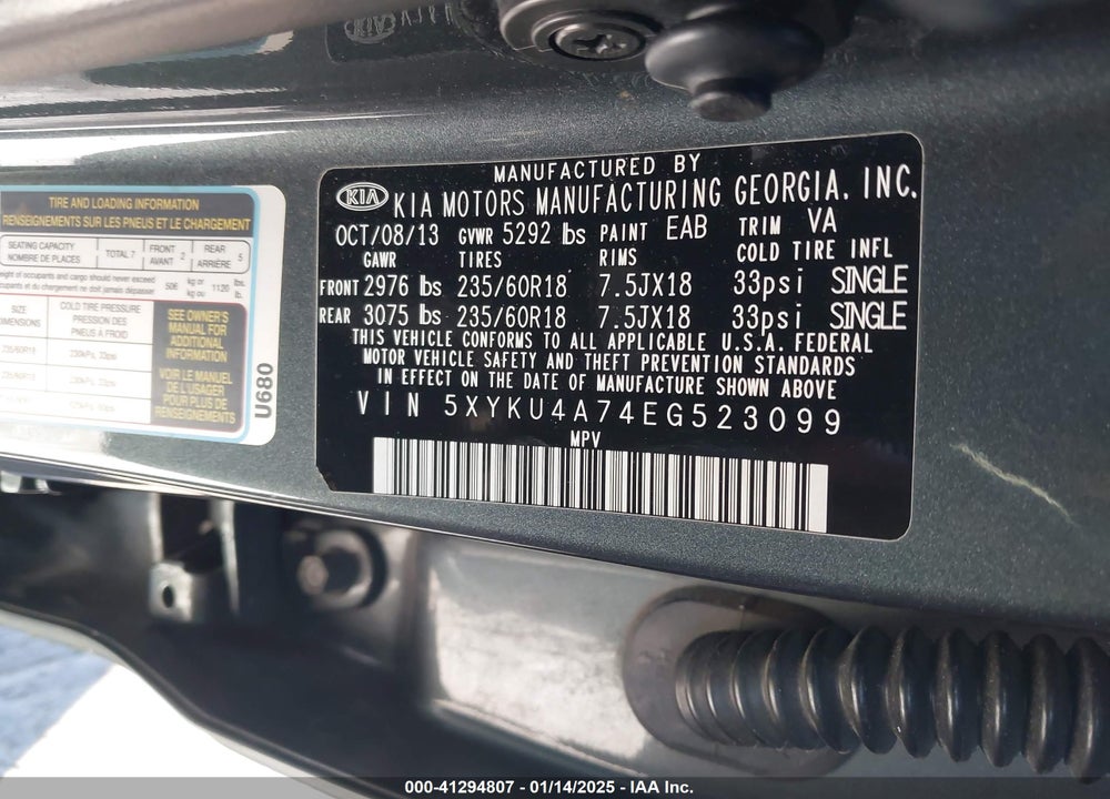2014 KIA SORENTO EX V6 VIN: 5XYKU4A74EG523099