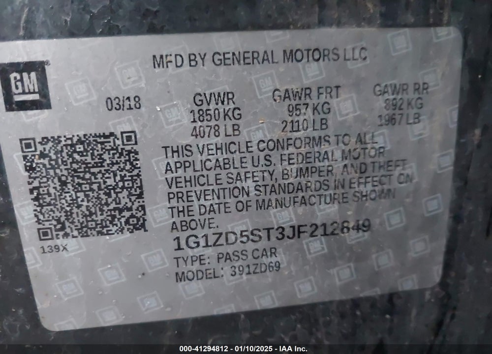 2018 CHEV MALIBU VIN: 1G1ZD5ST3JF212849