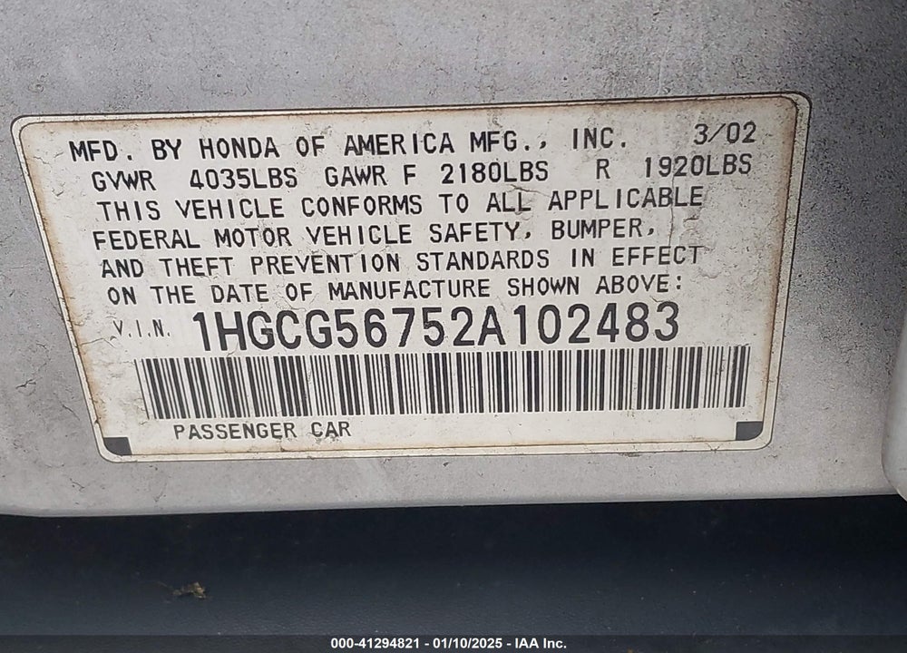 2002 HONDA ACCORD 2.3 SE VIN: 1HGCG56752A102483
