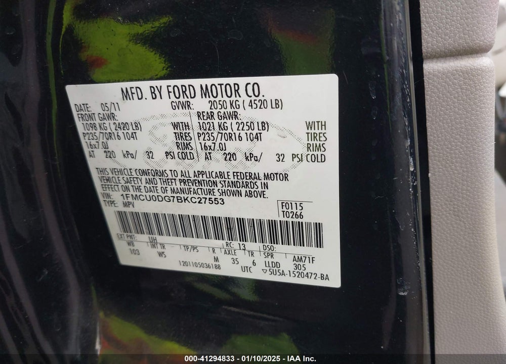 2011 FORD ESCAPE XLT VIN: 1FMCU0DG7BKC27553