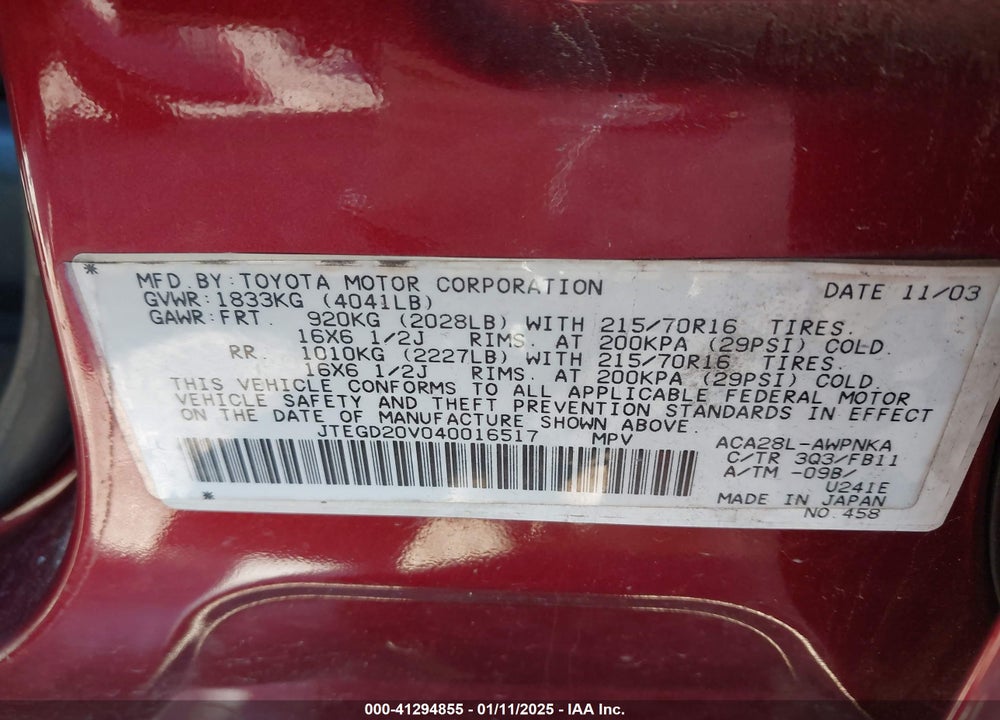 2004 TOYOTA RAV4 VIN: JTEGD20V040016517