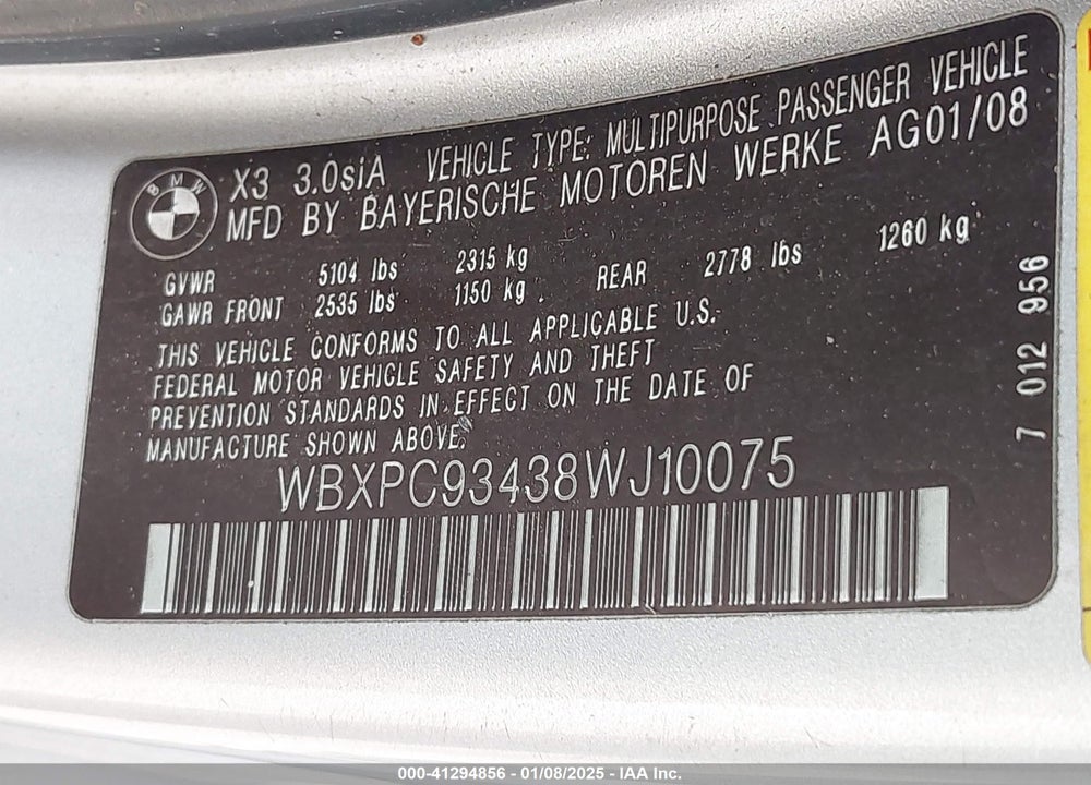2008 BMW X3 3.0SI VIN: WBXPC93438WJ10075