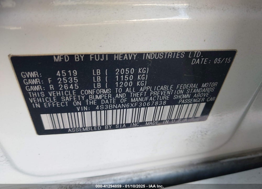 2015 SUBARU LEGACY 2.5I LIMITED VIN: 4S3BNAN6XF3067838