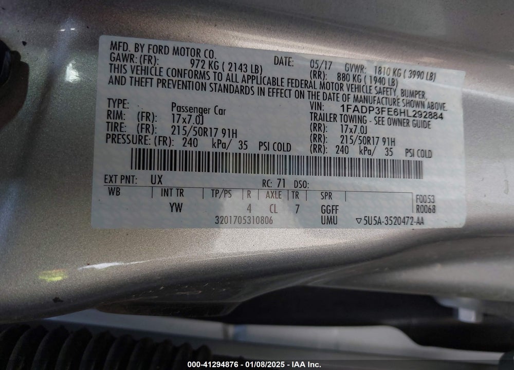 2017 FORD FOCUS VIN: 1FADP3FE6HL292884