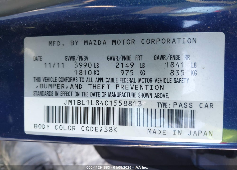 2012 MAZDA 3 I TOURING VIN: JM1BL1L84C1558813