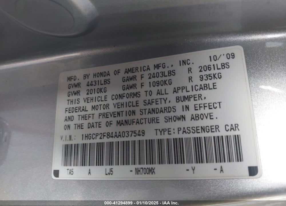 2010 HONDA ACCORD 2.4 EX-L VIN: 1HGCP2F84AA037549