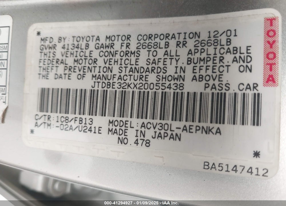 2002 TOYOTA CAMRY LE VIN: JTDBE32KX20055438