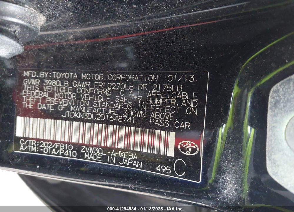 2013 TOYOTA PRIUS VIN: JTDKN3DU2D1648741