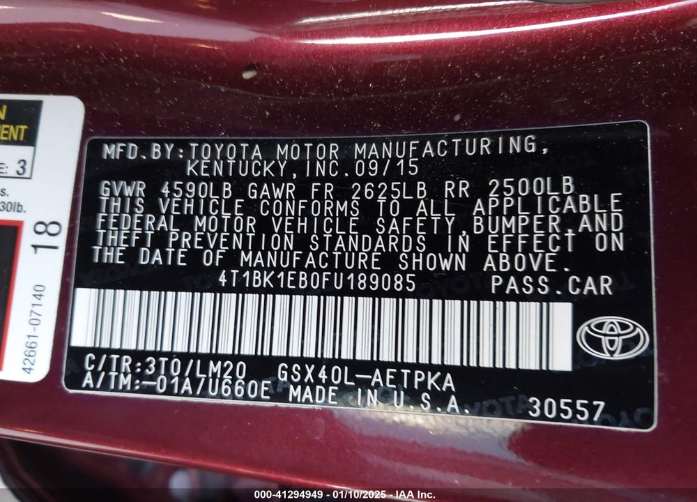 2015 TOYOTA AVALON VIN: 4T1BK1EB0FU189085