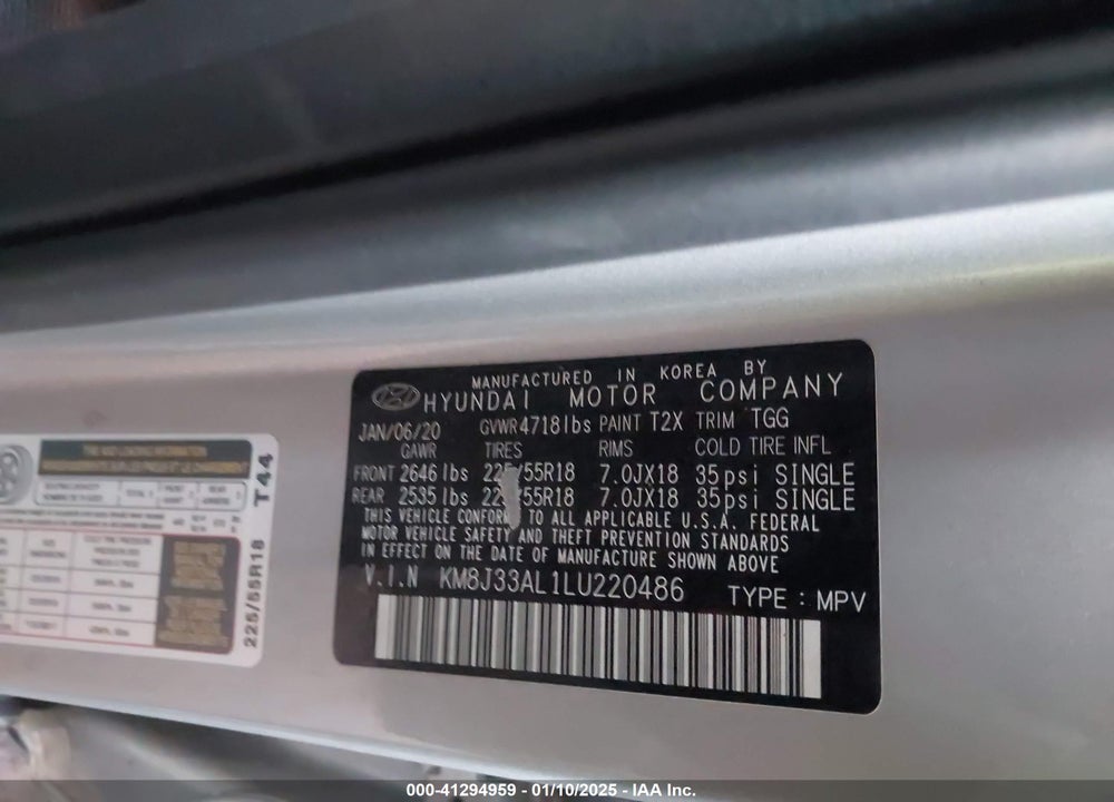 2020 HYUNDAI TUCSON SEL VIN: KM8J33AL1LU220486