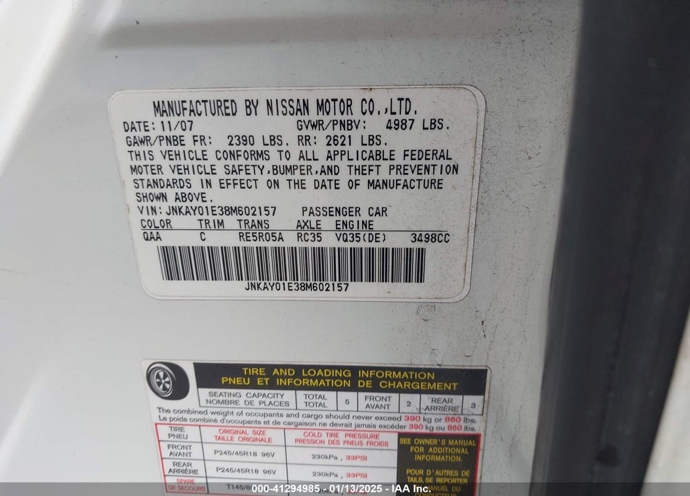 2008 INFINITI M35 VIN: JNKAY01E38M602157